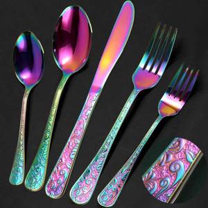 lot 18315 image: Meythway 40-Piece Vintage Carved Rainbow Silverware Set for 8, Stainless Steel Flatware Set with KnifeForkSpoon, Cutlery Set for Home and Kitchen, Utensil Set with Dishwasher Safe