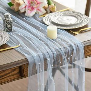lot 18319 image: Artoid Mode 10PCS Pearl Blue Gauze Table Runner 120 Inch 10FT, Seasonal Sheer Dining Holiday Wedding Birthday Baby Shower Table Decor for Home Party