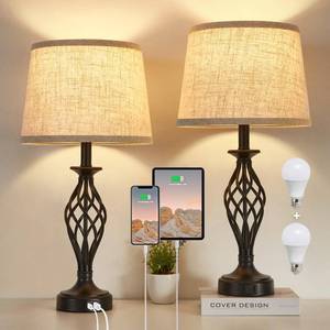lot 19806 image: Table Lamp for Bedroom Set of 2 with USB CA Ports, Modern Bedside Lamps with Spiral Cage Base, Fabric Shade, Nightstand Lamp for Living Room Reading Bed Side End Table, 2 LED Bulbs Included Black
