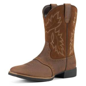 lot 19820 image: Rollda Leather Cowboy Boots for Men Western Boots Square Toe Chunky Heel Mid-Calf Boots Classic Embroidered with Pull On Tabs Dark Brown Size 13