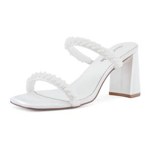 lot 19831 image: ShoeN Tale Pearl Strappy Heels for Women Two Band Chunky Block Heeled Sandals Square Open Toe Backless Mules Slip On Pump Dress Shoes(10,White Satin)