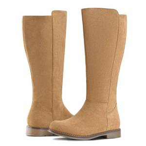 lot 19847 image: ShoeN Tale Wide Calf Knee High Boots for Women Flat Low Heel Width Stretchy Round Toe with Side Zipper Fall and Winter Fashion Comfortable(8,Brown)