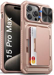 lot 20318 image: Vihibii for iPhone 15 Pro Max Wallet Case with Card Holder (4 Cards) & Slide Lens Cover & Stand, Shockproof Rugged Hard Back & Raised Edges Protection Case for iPhone 15 Pro Max, 6.7 2023, Rose Gold