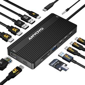 lot 20337 image: ANYOYO USB C Docking Station, 14 in 1 USB Hub for 3 Monitors, Dual 4K60Hz HDMI & USB-C Video, 4xUSB-C(10Gbps),3X USB-A, Ethernet, SDTF& 3.5mm Audio �� Multiport Adapter for LenovoDellHP (Black)