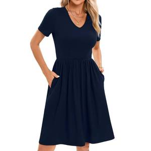 lot 20393 image: FZZOR 2024 Womens Summer Casual Short Sleeve Pleated A-Line Midi Loose Fit Swing Dresses T-Shirt Flowy Sundress with Pockets Navy, X-Large