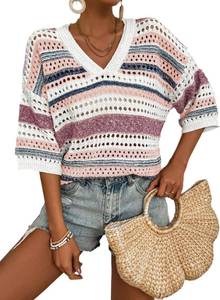 lot 20396 image: Acelitt Womens Spring Summer Short Sleeve Crochet Sweater 2026 Fashion Trendy Hollow Out V Neck Striped Knitted Tops Beach Vacation Clothes Cruise Outfits Resort Wear Purple X-Small