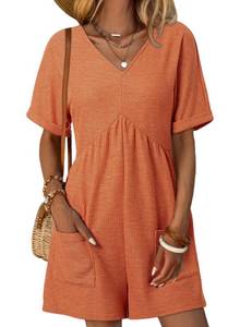 lot 20418 image: AlvaQ Rompers for Women 2025 Spring Summer High Waist Short Sleeve V Neck Romper with Pockets One Piece Jumpsuit Beach Outfits Orange Medium