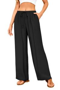 lot 20420 image: GUOLEZEEV Women Flowy Casual Pants Elastic Waist Drawstring Linen Wide Leg Beach Pant Black M