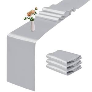 lot 20442 image: 4 Pack Satin Table Runner 12 x 108 Inch Long Silver Smooth Silk Fabric Table Runner for Birthday Parties Wedding Banquets Decorations.
