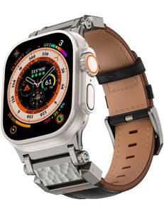 lot 20446 image: Crodi Leather Band Compatible with Apple Watch Bands 49mm 46mm 45mm 44mm Men, Genuine Leather Luxury Designer Metal Connector Strap for iWatch Ultra Series 1110987SE654321, TitaniumBlack
