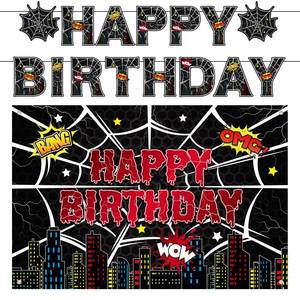 lot 20463 image: Super hero Themed Party Decorations, Large size 7x5ft Black Spider Buildings Cityscape Photography Birthday Banners Background Boy Kids Birthday Party Decorations Photo Props