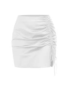 lot 20466 image: ZAFUL Women Satin Mini Skirts Sexy High Waisted Ruched Silk Bodycon Split Zipper Short Skirt White (Size US 12)