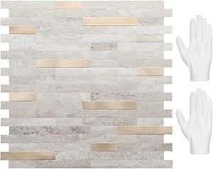 lot 1862 image: STICKGOO 10-Sheet Peel and Stick Backsplash Tile - Beige with Metal Gold