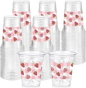 lot 1879 image: Strawberry Print Plastic Tumbler Cups with Red Striped Paper Straws Set