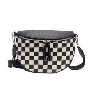 lot 2428 image: Womens PU Checkered Half Moon Bum Bag Multi-Pocket Chest Bag Black