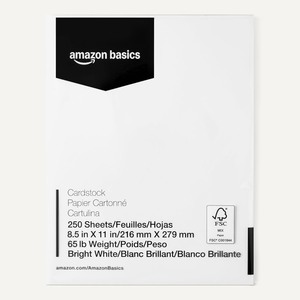 lot 14026 image: Amazon Basics Cardstock Paper, 8.5 x 11, 65 lb176 gsm, 96 Bright White, 250 Sheets