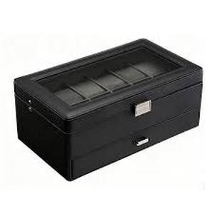 lot 18305 image: 2-Tier Black Leather Jewelry Box