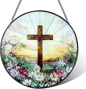 lot 20382 image: 8 Inch Cross & Wildflowers Round Wall Hanging