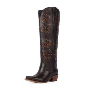 lot 1907 image: Easyfox Dark Brown Cowboy Boots for Women Butterfly Embroidered Knee High Cowgirl Boots Chunky Heel Chocolate Rhinestone Western Boot Pointed Toe Slip on Block Heel Cow Girl Boot Size 8.5