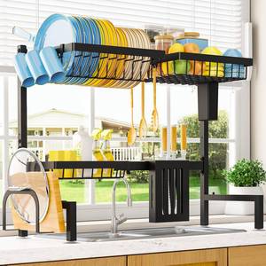lot 1913 image: Sakugi Dish Drying Rack - Over the Sink Dish Drainer Drying Rack with Utensil & Knife Holder, Hooks, Stainless Steel Kitchen Organizers and Storage Solution, 11 D x 30.534W x 21.5 H, Black