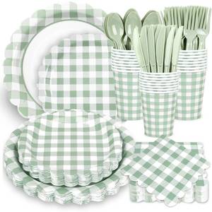 lot 2000 image: Houuqe 200 Pcs Sage Green Gingham Party Supplies Green and White Scalloped Paper Plates and Napkins Cups Disposable Gingham Checkered Plaid Dessert Plates Tableware Set for Baby Shower Wedding BBQ