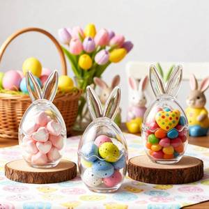 lot 2011 image: Ferrochef 3 Pcs Easter Bunny Glass Storage Jars, Rabbit Egg Shape Clear Candy Jar with Removable Lids for Easter Chocolate Candy Treats Cookie Sweets Gift Eggs Table Decoration, Home Decor