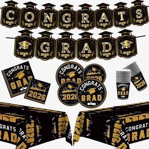 lot 2014 image: OHOME Graduation Decorations 2026 2027 - Graduation Decorations Class of 2026 - Serve 24 - Black Plates Tablecloth Napkins Cups Banner - Graduation Party Favors Supplies