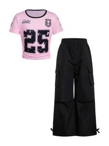 lot 2015 image: RoseSeek Girls 2 Piece Summer Outfits Short Sleeve Ruched Basic Tess and Camo Cargo Pants Sets Trendy Black Number Pink 9Y