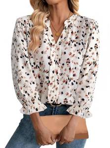 lot 2024 image: SOFIAS CHOICE Womens Boho Blouse Business Casual Ruffle 34 Sleeve Tops Floral Print Work Shirts Beige Medium