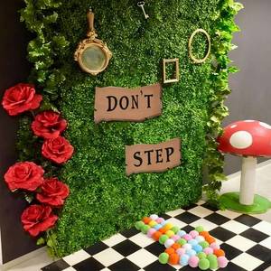 lot 2033 image: FunooFuno 2 Pcs Wonderland Tea Party Decorations Dont Step Signs with 50 Mini Rainbow Pompoms Vintage Do Not Step Cutouts Wonderland Decor for Spring Birthday Fairy Tea Party Lawn Garden Outdoor