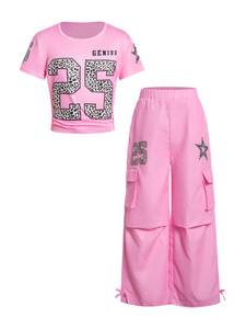 lot 2495 image: RoseSeek Girls 2 Piece Summer Outfits Short Sleeve Ruched Basic Tess and Camo Cargo Pants Sets Trendy Pure Pink 11Y