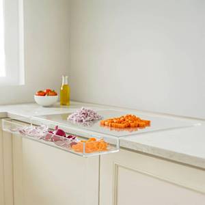 lot 4492 image: Slice & Toss Acrylic Cutting Board with Counter Lip & Removable Scrap Bin, Clear Kitchen Chopping Board - Large Non-Slip Cutting Boards Essentials for Kitchen, Restaurant & Home (17 x 13.2 x 1.34)
