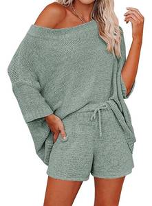 lot 4496 image: Ermonn Womens 2 Piece Outfits Sweater Sets Off Shoulder Knit Tops Waist Short Suits Casual Pajama Set Cyan