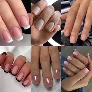 lot 4499 image: 6 Packs (144 Pcs) French Tip Press On Nails - Jsiallye Milky White Short Square Press on Nails Nude Glazed, Gradient Glue On Nails in 12 Sizes - 24 Fake Nails Kit, Simple Stick On Nails for Women