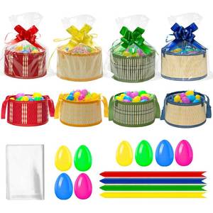 lot 5490 image: A8Sets Large Easter Basket Foldable Easter Baskets with Handle Ribbon Cellophane Bags 24 Colorful Eggs for Easter Egg Hunt Baskets for Gifts Empty (8PCS- Large)