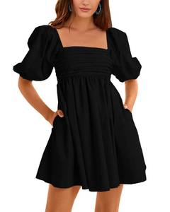 lot 5517 image: Ebifin Womens Square Neck Dresses Half Puff Sleeve High Waist A-Line Casual Backless Smocked Short Babydoll Mini Dress size L