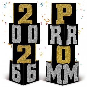 lot 5523 image: Queekay 8 Pcs Prom Column Standup Photo Booth Decorations 2026 Prom Backdrop Balloon Boxes Cardboard Decoration Column for Party College, 11.8 x 44.9 Inch (Gold, Silver)