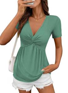 lot 6129 image: Acelitt Womens Fashion 2026 Summer V Neck Twist Front T Shirts Short Sleeve Tunic Tops Ruffle Flowy Tees Solid Green Medium