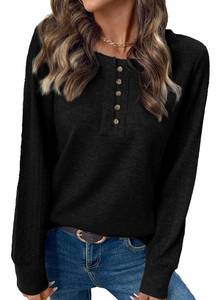 lot 6130 image: BLENCOT Womens Long Sleeve Button Neck Tops Casual Crewneck Waffle Patchwork Knit Textured T Shirts Trendy Pullover Tops Black L