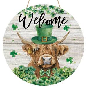 lot 6149 image: YINENA Welcome St Patricks Day Highland Cow Door Sign Wood Door Hanger Outdoor Porch Decor Holiday Farmhouse Wooden Wreath Indoor Wall Hanging Decoration three pack