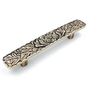 lot 6153 image: JETLAND Bridged Drawer Cabinet Pulls, 4-Pack Antique Brass 4 Hole Centers, Antique Peony Solid Cast, TG0115AB102