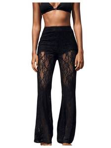 lot 6166 image: RoseSeek Womens Floral Lace Sheer Mesh Flare Pants Elastic High Waisted Long Trousers Black XX-Large