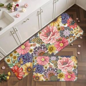 lot 7011 image: Tyrot Boho Floral Kitchen Mats for Floor 2PCS Anti Fatigue Mats for Kitchen Floor Cushioned Non Slip Waterproof Memory Foam PVC Kitchen Rugs Set for Sink,Office,Laundry 17.3x2817.3x47