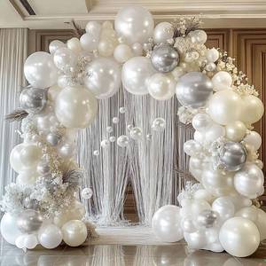lot 8253 image: White and Silver Balloon Garland - Double Stuffed Pearl Sand White Silver Balloons Arch Kit 5 12 18 inch for Birthday Graduation Bar Mitzvah Bachelorette Wedding Baby Shower Party Decoration