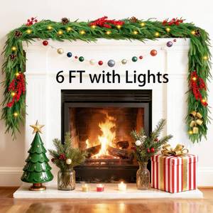 lot 11340 image: 6FT Christmas Garland with Lights, Real Touch Norfolk Pine Garland with Pinecone Red Berry Bells, Faux Cedar Garland for Mantle Table Stairs Front Door Indoor Decor