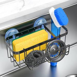 lot 12194 image: HOKEMOM 3-in-1 Kitchen Sink Caddy Organizer with Sponge Holder, Brush Holder, Extra Rack for Scrubber, Sink Stopper, Dish Cloth Hanger - Strong Dual Suction Cup, 2.0mm SUS304 Stainless Steel - Black