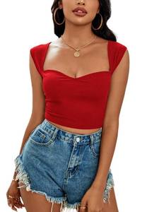 lot 12227 image: LYANER Womens Square Neck Ribbed Knit Sleeveless Slim Fit Solid Crop Top Shirt Red Large