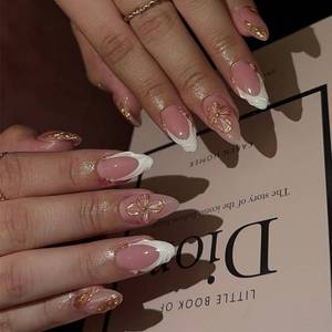 lot 12243 image: Gold Nail Press ons French Tip Fake Nails Bow Press on Nails Medium Almond Stick on Nails Glossy Glue on Nails Reusable Artificial Acrylic Full Cover False Nails for Women Girls Manicure 24Pcs
