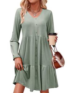 lot 12247 image: Dokotoo Early Fall Fashion Casual Dresses for Women Fall Outfits for Women 2025 V Neck Long Sleeve Button Down Empire Waist Mini Dress Green Dress Small