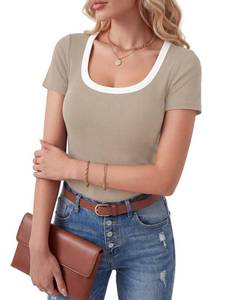 lot 12248 image: LYANER Womens Ribbed Knit Tee Slim Fit Scoop Neck Short Sleeve Top for Basic Casual T-Shirt Khaki X-Small